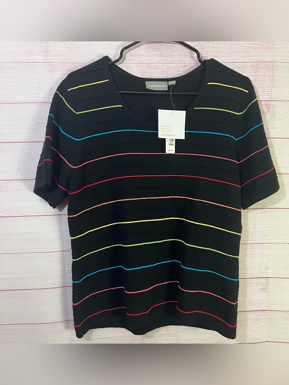 Croft & Barrow NWT Strip Multicolor Knit Short Sleeve Sweater Top Size XL